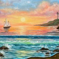 Море и корабче по изгрев маслена картина , снимка 1 - Картини - 45402428