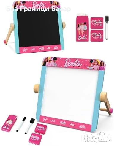 Нова Барби Детска дървена дъска Barbie статив с маркер и тебешири за деца, снимка 1