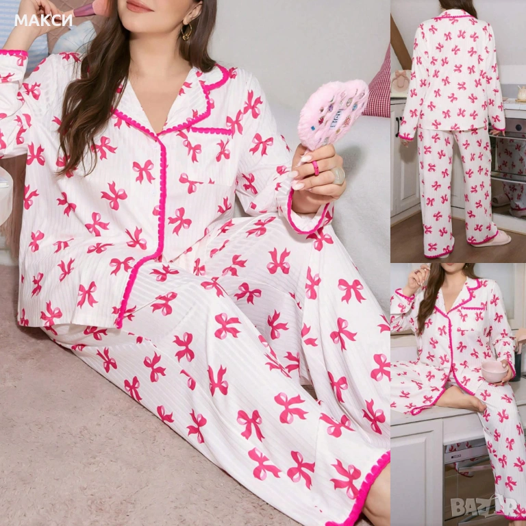 Макси луксозен разкошен силно еластичен комплект/пижама/ в бяло със сладки розови щампи панделки- бл, снимка 1