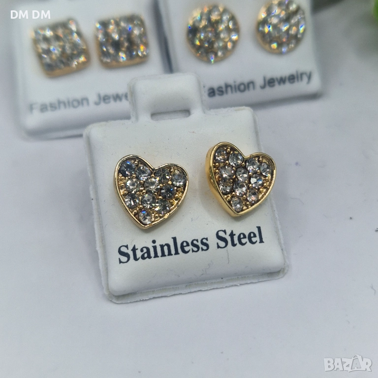 Обици „Crystal Heart Mini“ – медицинска стомана с 18К позлата, снимка 1