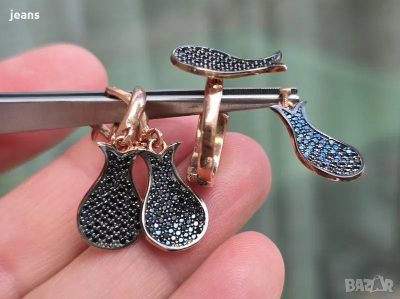 Сребърен комплект пръстен, обеци и висулка с розово покритие 17587, снимка 1