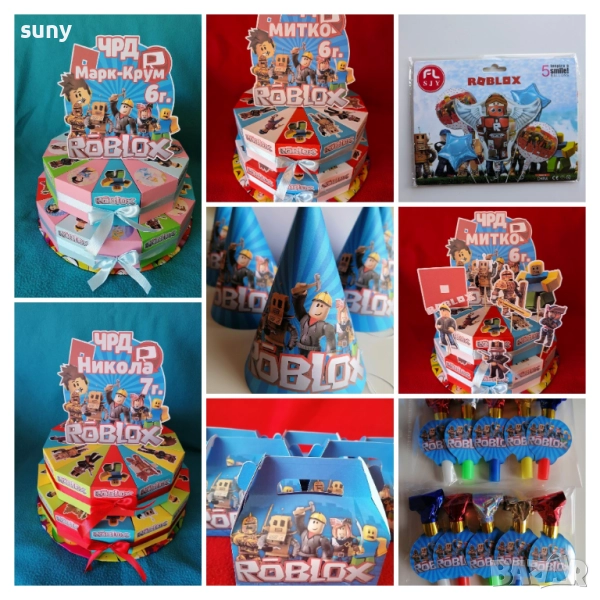 Картонена торта Роблокс, кутийки, покани,балони,маски,шапки,покривка, снимка 1