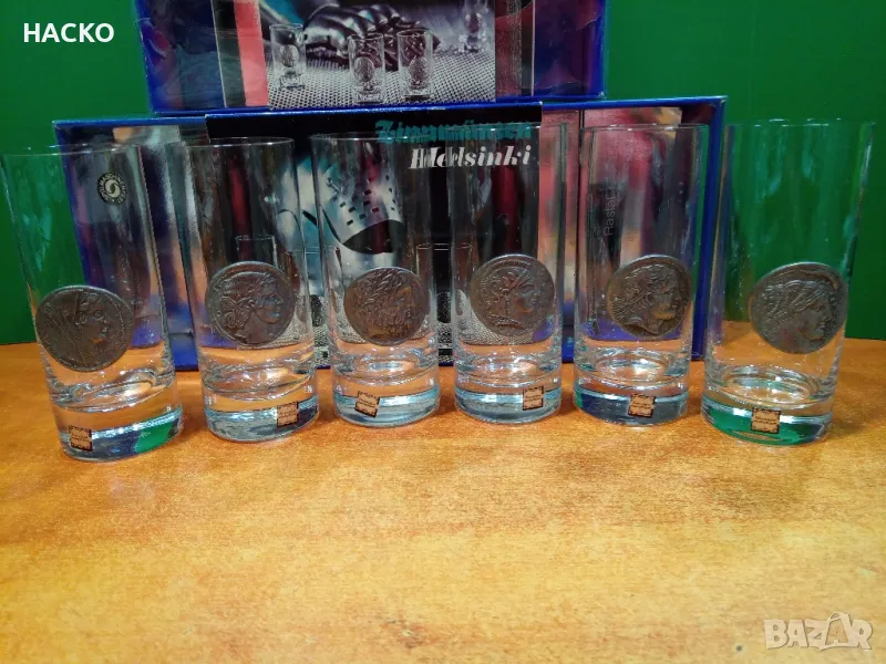 ПРОМО ЦЕНА 6 Броя Чаши с Оригинални Калаени Монети Хелзинки Произход Финландия, снимка 1