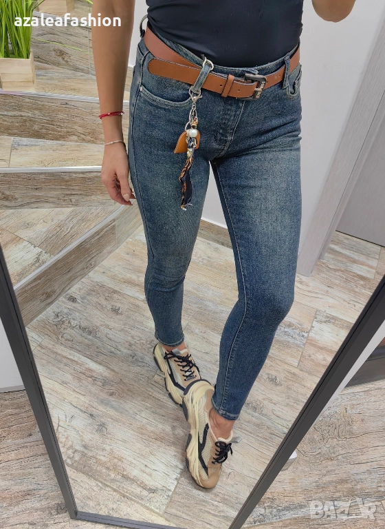 Дамски дънки слимфит с колан ретро цвят, снимка 1