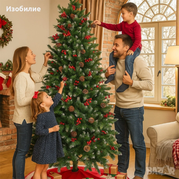 Изкуствена елха Luxury Diamond с червен глог и шишарки, снимка 1