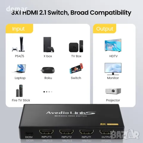 avedio links 3 порта HDMI превключвател 3 входа - 1 изход 8K@60Hz 4K@120Hz, с дистанционно, снимка 5 - Друга електроника - 46981286