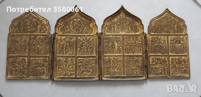 Икона Руска бронзова Квадиптих позлатена рядка форма оригинал 19 век, снимка 4 - Антикварни и старинни предмети - 53196853