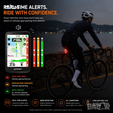 Задна SMART LED стоп светлина с радар IGPSPORT SR Mini, Bluetooth/ANT+, IPX7, снимка 8 - Аксесоари за велосипеди - 54167593