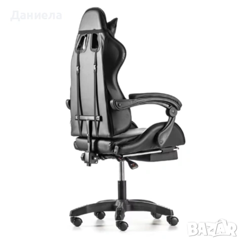 Черен геймърски стол с прибираща се поставка за крака – максимален комфорт при дълги часове игра, снимка 6 - Столове - 53237894