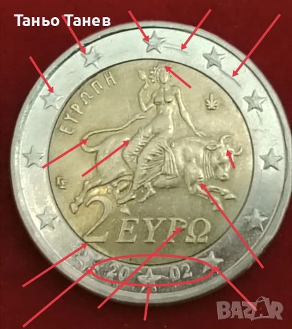 Една изключително рядка монета от 2Евро -2002г със символ (S) и множество дефекти