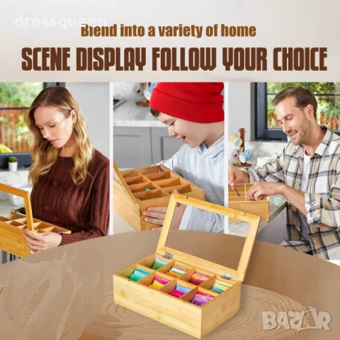 4632 Стилна бамбукова кутия за чай с 12 отделения и стъклен капак – 28x23x9 см, снимка 6 - Аксесоари за кухня - 53644466