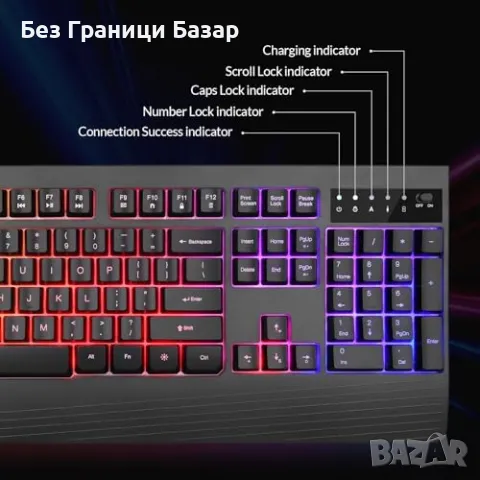 Нова Ергономична безжична клавиатура с RGB подсветка и презареждаема батерия, снимка 6 - Клавиатури и мишки - 48544190