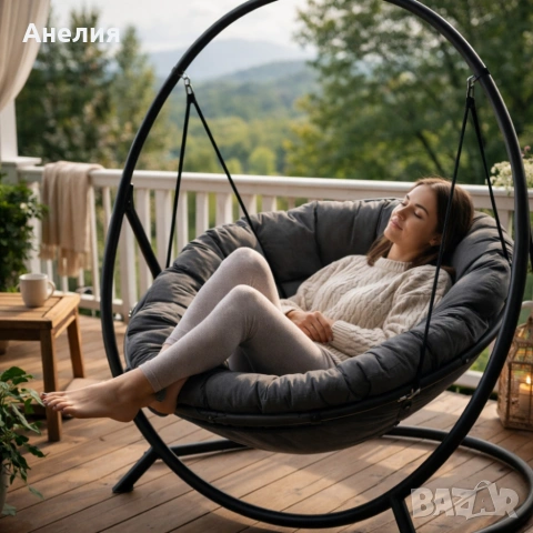 Висящ стол PATIO с тъмносива възглавница и сива рамка - стилен акцент за всеки дом и градина, снимка 2 - Градински мебели, декорация  - 53813382