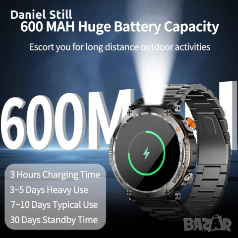 Водоустойчив Мъжки Смарт Часовник с Фенерче 600mAh Голяма Батерия4.32см Голям HD Дисплей, снимка 7 - Смарт часовници - 49358974