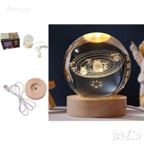 5952 Кристална стъклена нощна лампа с 3D холограмно изображение на Слънчевата система 3D Solar Syste, снимка 6 - Настолни лампи - 50779511