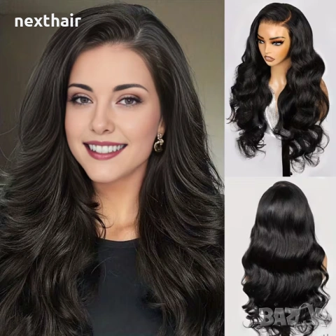 Черна синтетична чуплива перука 75 см с дантелена зона 13x4, снимка 6 - Аксесоари за коса - 53271780