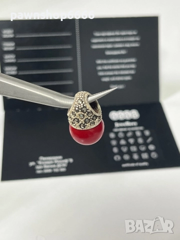 Сребърна висулка с марказити и червен имитационен камък, снимка 4 - Колиета, медальони, синджири - 52663055