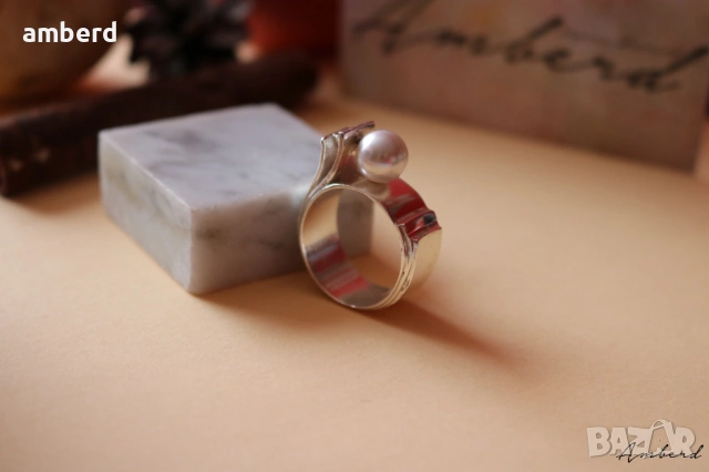 Стилен и елегантен сребърен пръстен с перла - модел R017А, снимка 6 - Пръстени - 53461953