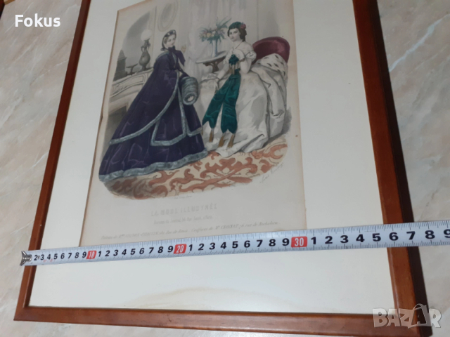 Стара цветна френска антикварна гравюра в рамка подписана, снимка 7 - Антикварни и старинни предмети - 53347110