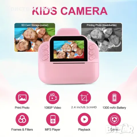Детски фотоапарат за моментни снимки с дисплей мини термален Принтер с хартия комплект Розов Син, снимка 9 - Фотоапарати - 49657174