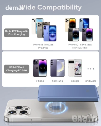 Магнитна външна батерия, 5000mAh, 20W за iPhone 17/16/15/14/13/12 серия, синя, снимка 5 - Външни батерии - 53934031