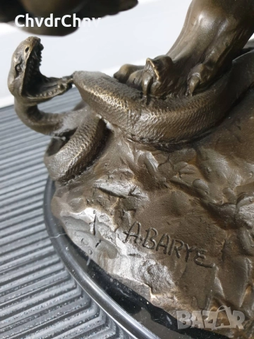60см-22кг Barye статуя-композиция/голяма бронзова скулптура/фигура на лъв и змия, снимка 7 - Статуетки - 52840155