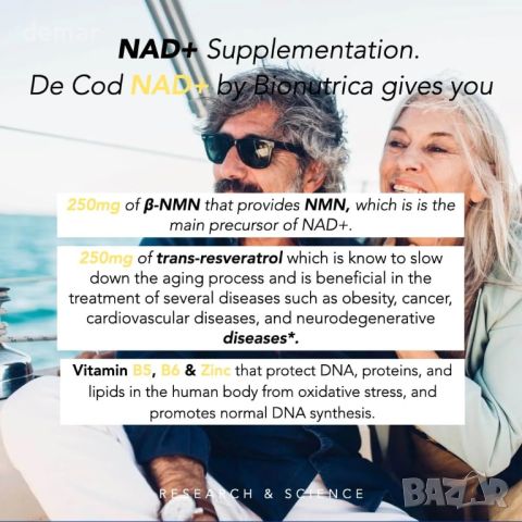 DeCod NAD+ NMN добавка транс-ресвератрол за ДНК синтез и клетъчно здраве Без глутен Без ГМО 30 капс., снимка 9 - Хранителни добавки - 45997632