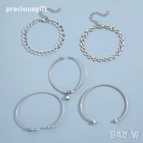 Комплект бижута - 5 броя гривни, налични в цвят злато и сребро, снимка 7 - Гривни - 53083802