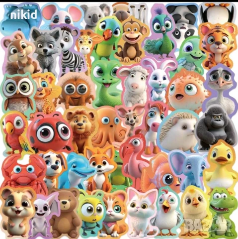 50 бр животни пъстри цветове самозалепващи лепенки стикери украса картонена торта