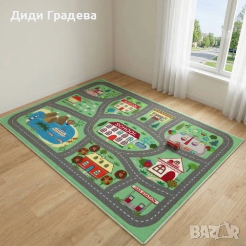 Детски килим за игра 120х160см - Жълт килим с планети и дама, противоплъзгащ и миещ се, снимка 4 - Други - 53882680