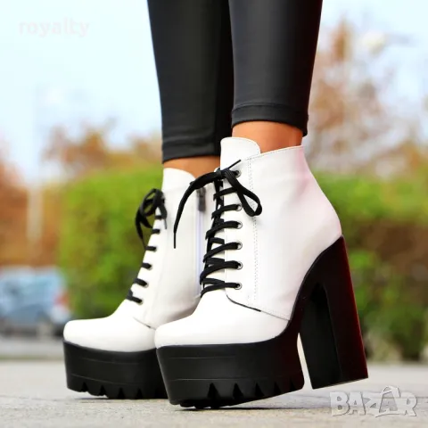 Боти на ток - бяла кожа с черно ходило, снимка 2 - Дамски боти - 49893923