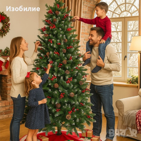 Изкуствена елха Luxury Diamond с червен глог и шишарки