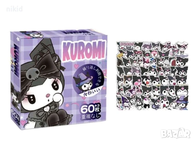 60 бр Kuromi Куроми самозалепващи лепенки стикери за украса декор картонена торта