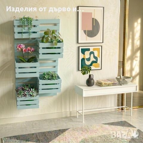 Дървен цветарник декоративно пано за стена с 5 отделения щайги касетки етажерка за цветя, снимка 5 - Декорация за дома - 53956704