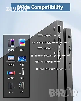 Преносим монитор Yodoit 14", 1920×1080 FHD екран IPS дисплей с USB Type C вградени високоговорители, снимка 4 - Монитори - 53419579