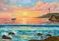 Море и корабче по изгрев маслена картина , снимка 1 - Картини - 45402428