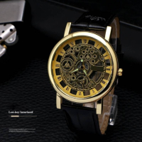 Изискан прозрачен мъжки ръчен часовник с кварцов механизъм и кожена каишка  "черен циферблат/  бял ц, снимка 2 - Мъжки - 44952374