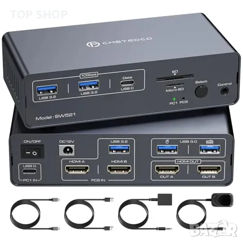 Нов KVM превключвател 2 монитора 2 компютъра 4K HDMI USB C 13 в 1 докинг станция, снимка 1