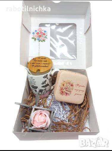 Подаръчна кутия с чаша за чай, цвете и кутия за бижута или огледалце по избор, снимка 1