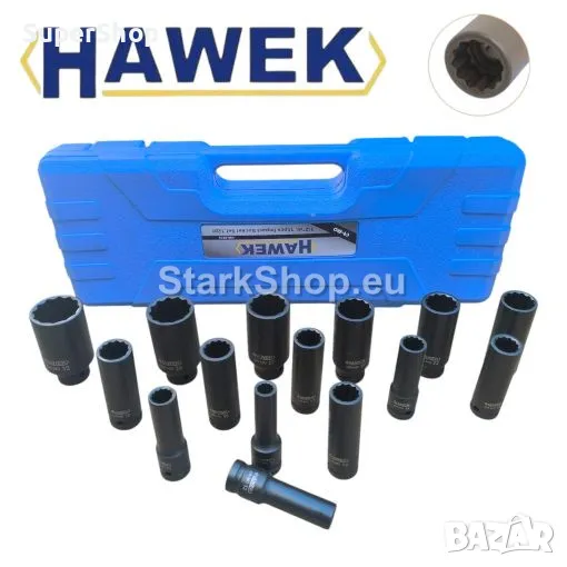 Дълбоки Ударни Вложки 1/2″ Удължени 12 Стенни CR–MO 15 части HAWEK (10 – 32мм), снимка 1
