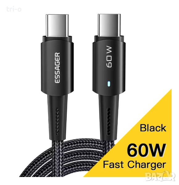 Essager 60W Type C към Type C кабел за бързо зареждане на мобилен телефон, снимка 1