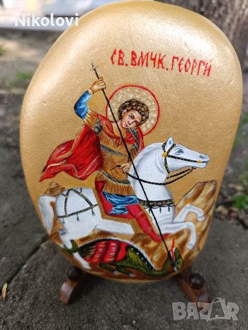 Рисувана икона *Свети Георги " върху камък , снимка 4 - Икони - 45437654