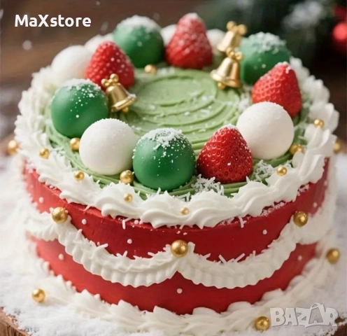 28 броя Коледни зелени бели червени топчета на тел от стиропор за декорация на торта , снимка 2 - Други - 51978803