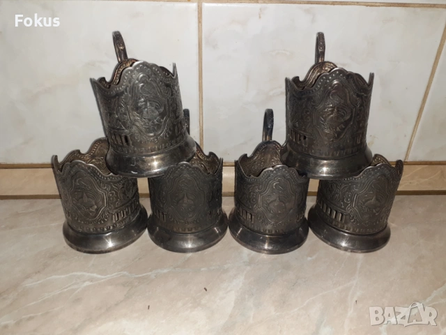 Комплект посребрени руски съветски подстакани 6 броя, снимка 2 - Антикварни и старинни предмети - 53348353