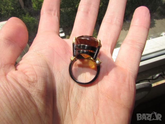 Сребърен пръстен с голям цитрин 40 карата, размер 29x19, 19.3гр., снимка 4 - Пръстени - 45470070
