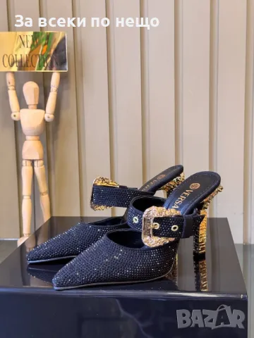 Versace Дамски Черни Чехли Със Златен Метален Ток Версаче Код E266, снимка 4 - Чехли - 50414430