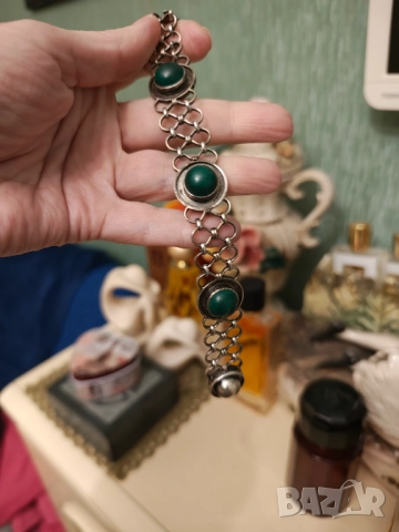 Ретро масивна сребърна гривна с естествен малахит, снимка 2 - Гривни - 52916371