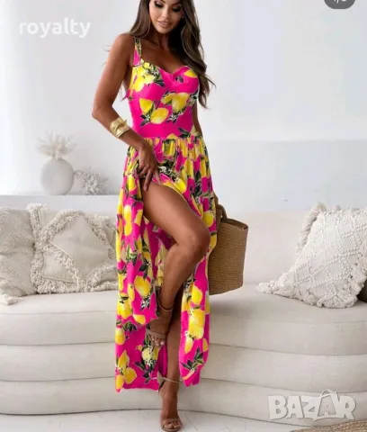 Дълга лятна розова рокля с лимони