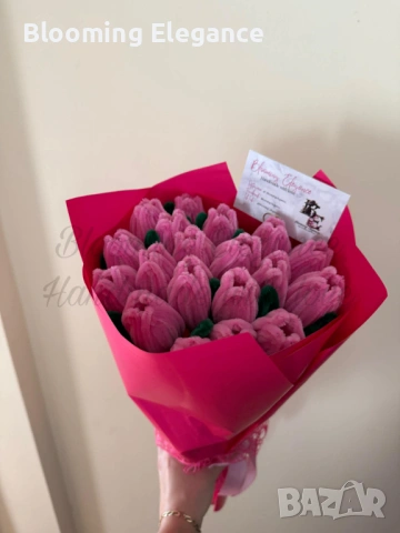 Вечен букет от 19 розови лалета от плюшена тел, снимка 2 - Декорация за дома - 54174099