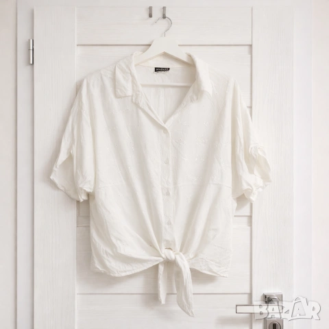Дамска бяла риза с къс ръкав - размер L/XL